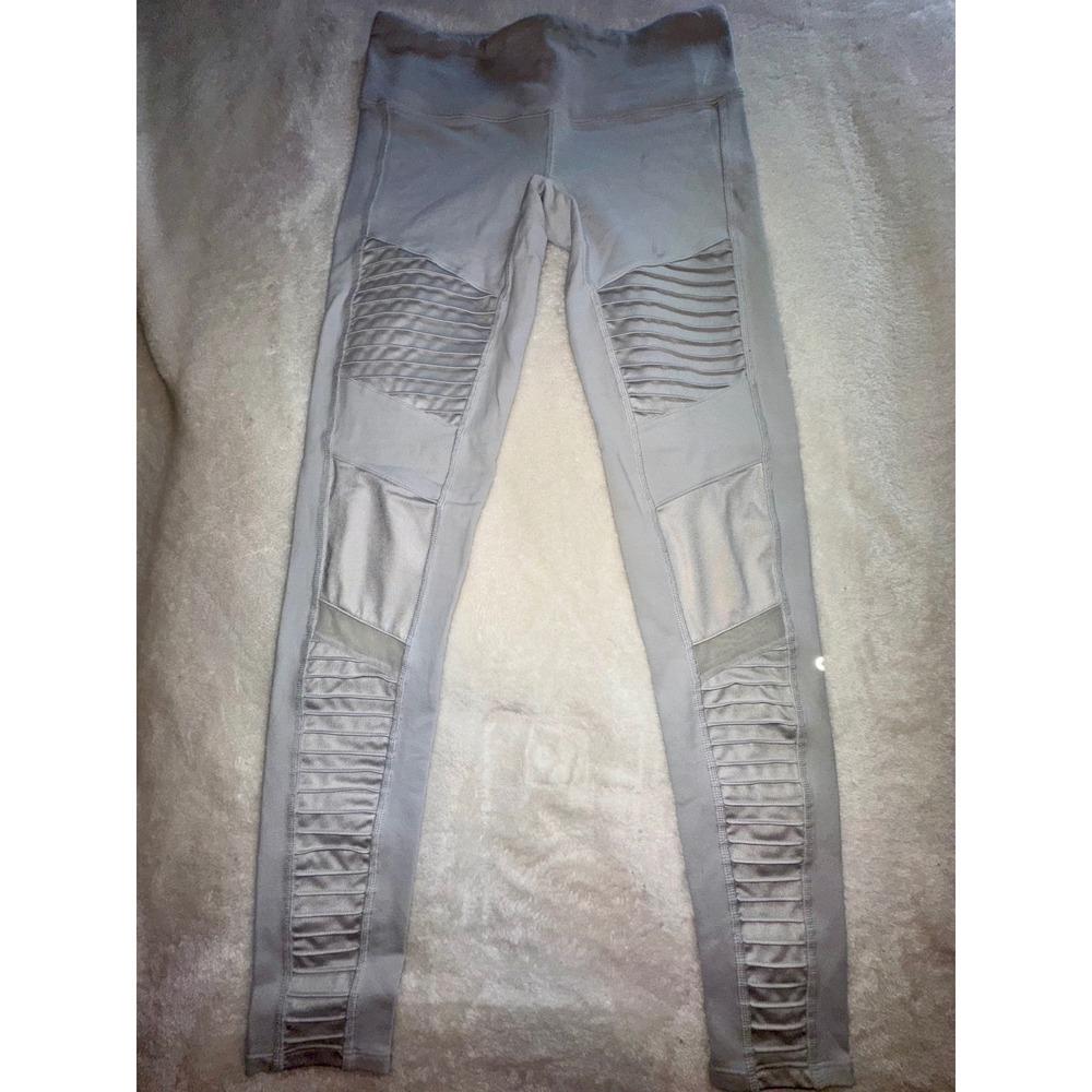 ALO Yoga Moto Leggings Women's Size S Gray Ribbed Panel Athletic Workout